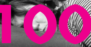 a black and white photo of Linda with 100 written across it in pink